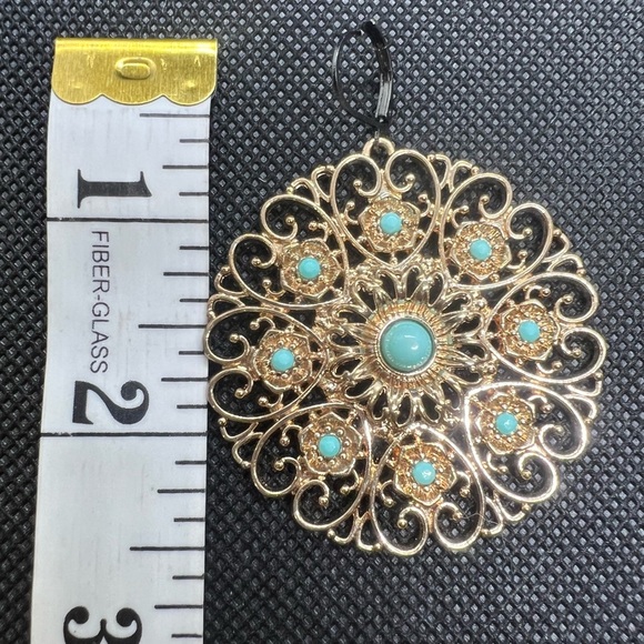 Charming Charlie teal and gold toned round mandala statement earrings - Picture 6 of 6